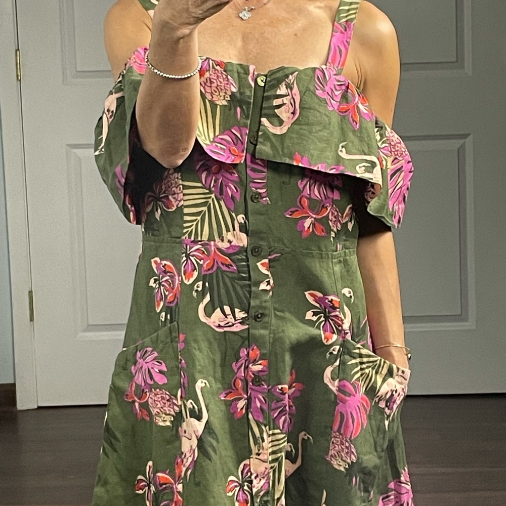 MNG Casual for Mango Linen Blend Pelican Print Cold Shoulder Dress size 6 - Picture 2 of 10
